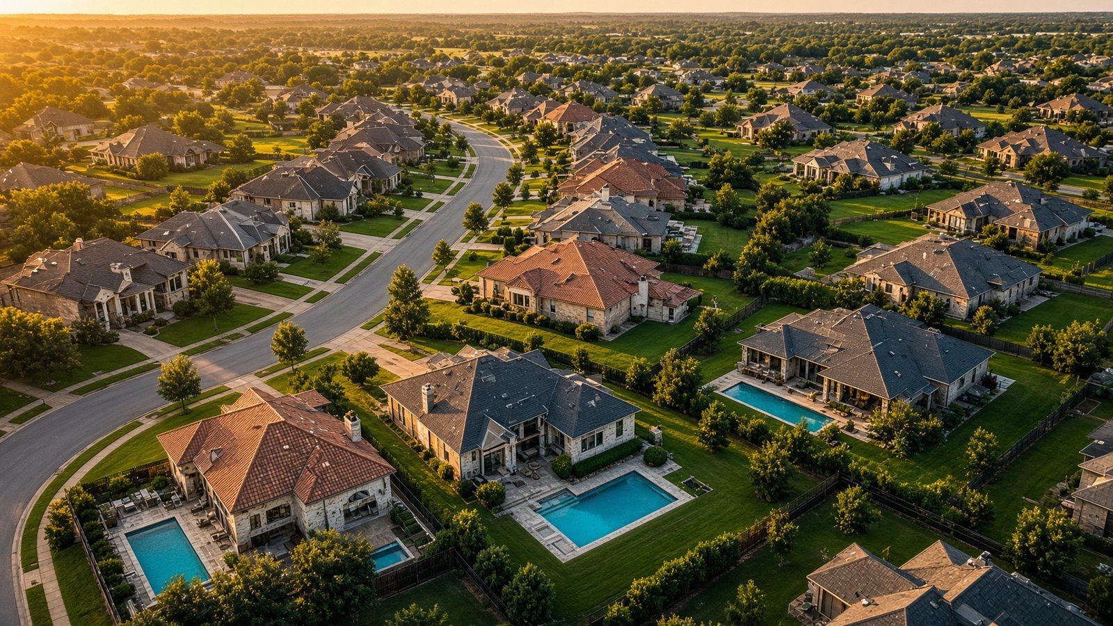 Aerial drone photograph of a North Texas neighborhood at golden hour, rooftops and backyard pools from above