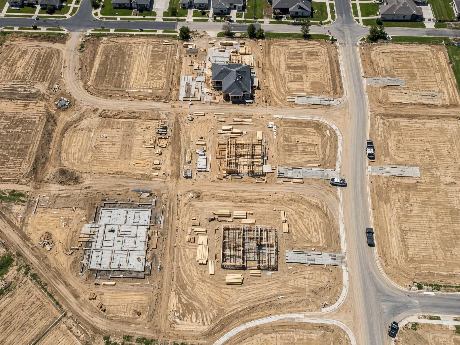 Overhead construction progress drone photo of a North Texas subdivision with foundation pads and framing