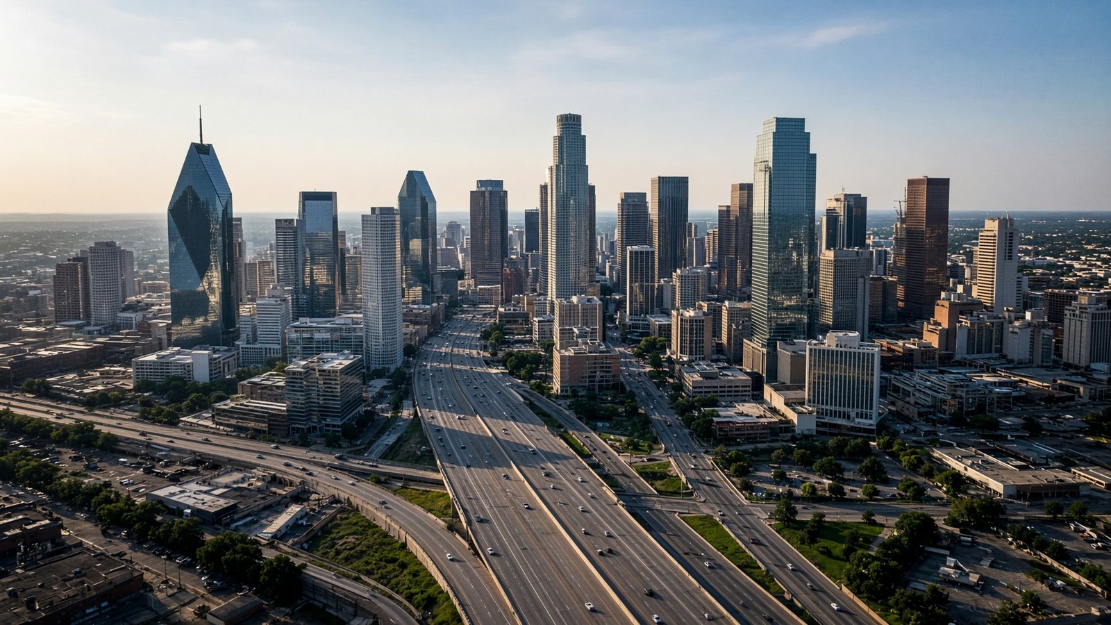 Aerial photograph of the Dallas Texas skyline from a drone above the freeway